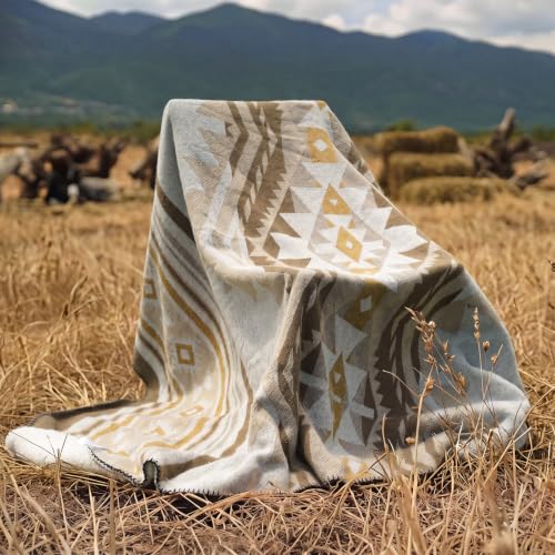 Aztec Throw Blanket with Soft Sherpa Fleece Lining, Navajo Tribal Southwestern Blanket for Camping, Cozy Boho Throws for Sofa, Couch,Bed, 50"x60", Light Camel - color: Light Camel, size: 50" x 60"