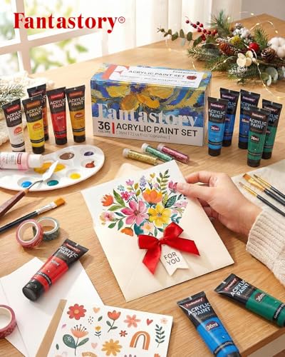 Fantastory 36ml 36 Colors Acrylic Paint Set with 10 Brushes | Excellent Coverage, High Light Fastness, Waterproof, Includes Extra White & Gold, for Canvas, Wood, Ceramics, Models - style: 36 Colors