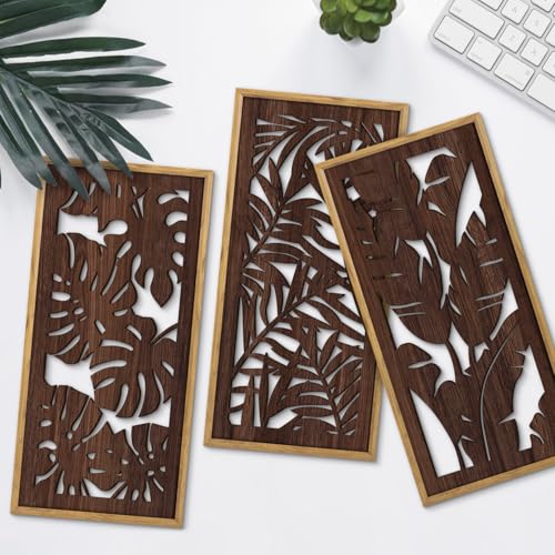 HPNIUB 3PCS Tropical Wall Decor, Rustic Palm Leaf Wooden Sign for Bathroom, Vintage Leaf Plant Hanging Wood Plaque Wall Art Nature Picture for Home Office Living Room Decoration(8x16Inch) - color: Tropical Leaf Wooden Wall Art