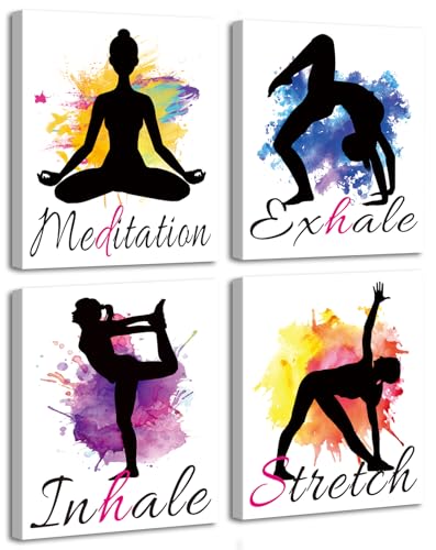 Set of 4 Yoga wall art print posters,Framed Watercolor Yoga Poster | Inhale Exhale Meditation Stretch Sports Painting Motivational Quote Artwork,for Home Gym Exercise bedroom Decor8”X10”IN ﻿ - color: Framed -8X10in Watercolor Yoga Poster