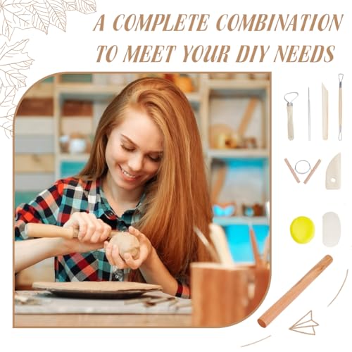 OLYCRAFT 20Pcs Pottery Making Set Includes 1Pcs Wooden Rolling Pin 10Pcs Pottery Rolling Mud Stick Guide 8Pcs Clay Sculpting Tools 1Pcs Portable Linen for Polymer Clay for DIY Beginners