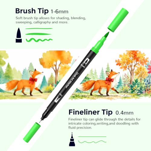 Markers for Adult Coloring Books No Bleeding, 100 Dual Tip Coloring Markers | Coloring Markers Suitable for Coloring Books, Note Taking, Hand Lettering Calligraphy, Drawing, Journaling, Sketching - color: Green