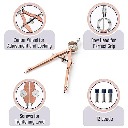 Mr. Pen- Professional Compass for Geometry, Extra Lead | Metal Compass Drawing Tool for Students, Drafting and Engineering, Technical Drawings, Circles and Geometry Projects - color: Rose Gold
