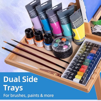 Large Horizontal Wooden Painting Easel, Holds up to 50'' | H-Frame Studio Easel Stand with Storage Drawer and Palettes, Suitable for Adults, Beginners, and Artists - style: Natural