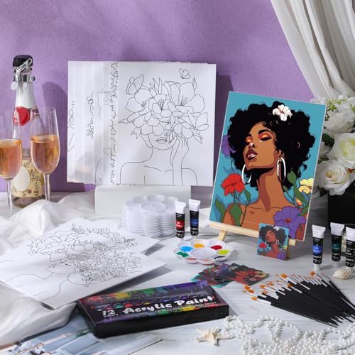 Ctosree 72 Pcs Flower Lady Paint and Sip Kit for Adults 8'' x 10'' Pre Drawn Canvas for Painting DIY Pre Printed Canvas for Party Favor Acrylic Painting Kit Wood Easel Brushes Date Night Bulk - style: Flower Lady