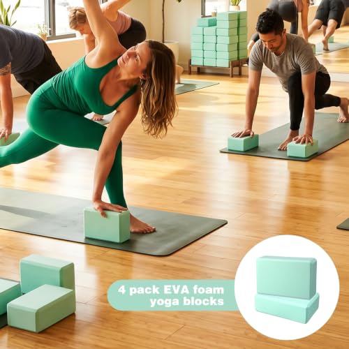 4 Pack Yoga Block 9 x 6 x 3 Inch EVA Foam Lightweight Non Slip Yoga Props for Pilates Stretching Meditation (Mint Green)