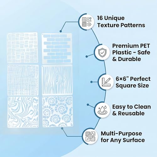 16PCS Reusable Geometric Stencils for Crafts Painting,6x6 Inch Mixed Texture Art Stencils for Wood Wall Furniture Fabric Floor,DIY Spray Paint Templates for Card Making Cake Decor Scrapbooking - style: 16PCS 6x6"