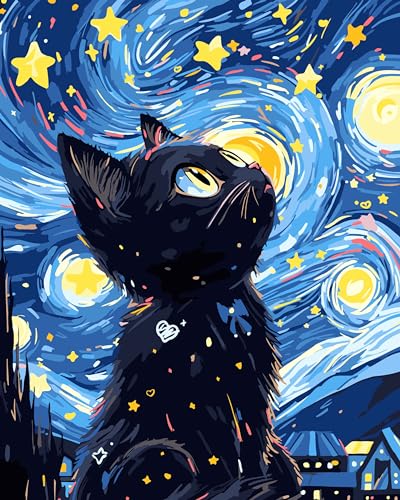 Yunnuo Paint by Numbers Kit for Adults Beginners Cat, 16x20 Inch | Adult Paint by Number Kits on Canvas, Starry Night Black Cat, DIY Acrylic Oil Easy Painting by Numbers for Home Wall Decor - color: A-001-Black Cat