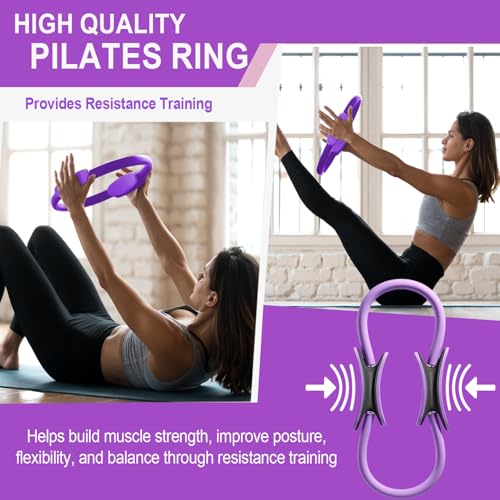 Pilates Ring Equipment Set, Home Pilates Kit for Women with 13’’ Magic Ring with Dual Padded Handles, Small Pilates Ball, 5 Resistance Bands & Complete Fitness Guide, Pilates Essential Accessories - color: 15pcs Purple