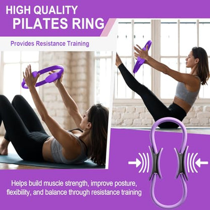 Pilates Ring Equipment Set, Home Pilates Kit for Women with 13’’ Magic Ring with Dual Padded Handles, Small Pilates Ball, 5 Resistance Bands & Complete Fitness Guide, Pilates Essential Accessories - color: 15pcs Purple