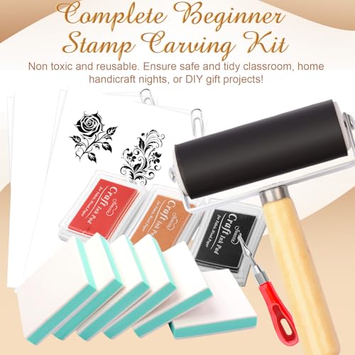 Linocut Stamp Making Kit with Rubber Carving Blocks 6PCS 2"x2", Block Printing Printmaking Kit with Carving Tools, Brayer Roller & Ink Pads, DIY Craft Supplies for Beginners Kids Adults