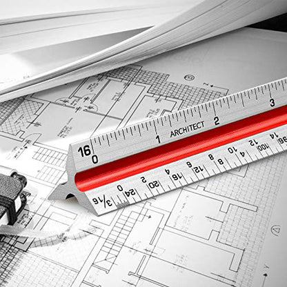 12" Architectural Scale Ruler Triangular Ruler, Color-Coded, 1 Pack | Aluminum Architect Scale Ruler for Architects, Draftsman, Students and Engineers - color: Tricolor