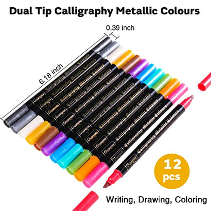 Sunshilor Metallic Markers Calligraphy Metallic Marker Pens Dual Tip Chisel and Medium Point Pens for Black Paper, Rock Painting, Easter Egg, Halloween Pumpkin, Card Making, Metal, Ceramic, Wine Glass - style: Dual Tip