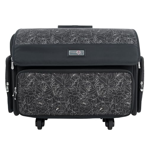 Everything Mary 4 Wheels Collapsible Deluxe Sewing Machine Storage Case - Rolling Trolley Carrying Bag for Brother, Singer - color: Grey Floral