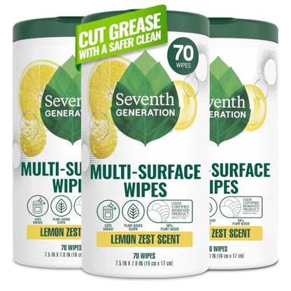 Seventh Generation Multi Surface Wipes, Pack of 3, for all purpose cleaning, lemon zest scent with 100% essential oils and botanical ingredients, 70 ct each - size: 70 Count (Pack of 3)