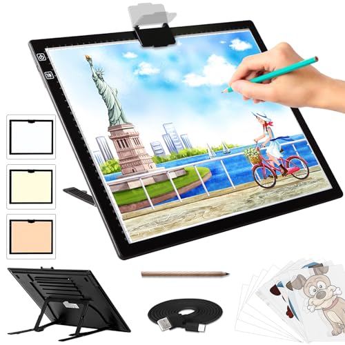 A3 Light Pad - Rechargeable Diamond Painting Light Board with Stand, 3 Colours Stepless Dimmable 6 Levels Brightness Tracing Light Box, Battery Powered Portable Light Pad for Weeding Vinyl Tracing - style: A3 Rechargeable(Black)