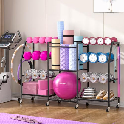 Dumbbell Rack, Weight Rack for Home Gym, Yoga Mat Storage Rack, Exercise Equipment Storage with Wheels and Hooks, Home Gym Equipment Organizer for Kettlebells - size: Large