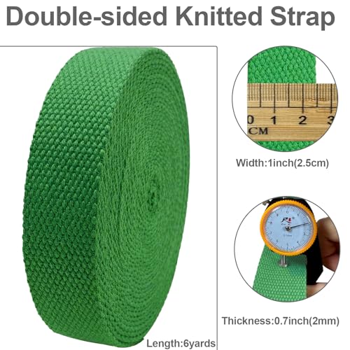 Heavy‑Duty Cotton Webbing Strap 1''x6yds Green for Bags | 2mm thick webbing for dog collars, backpack, bag handles, apron straps, slings, sewing repairs & DIY craft projects. - color: Green