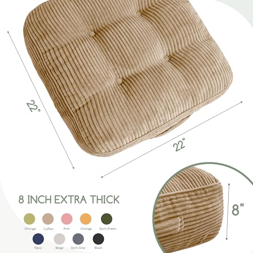 HIGOGOGO 8" Extra Thick Floor Pillow Cushion for Adults, Meditation Cushion Pillow, Large Square Floor Sitting, Tufted Corduroy Cover, for Tatami Living Room or Yoga, 22x22 Inch, 2Pack, Coffee - color: Square Coffee, size: 8" Thick(Pack of 2)