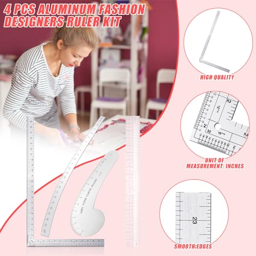 Xuhal 4 Pcs Fashion Sewing Ruler with French Curves Aluminum Designers Ruler Kit Includes Curve Ruler, Hip Curve Ruler, L Square Curve Ruler and Plastic Grading Ruler for Design Crafts Sewing