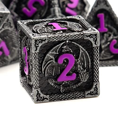 Haxtec Metal DND Dice Set, 7 Pcs Dragon Pattern Polyhedral Dice for RPG | Purple Numbers D&D Dice with Leather Bag, Compatible with Dungeons and Dragons, Matte Black Heavy Metallic, MTG Gifts - color: Matt Black Purple
