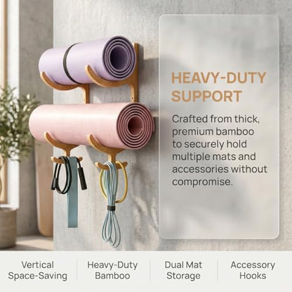 Wooden Yoga Mat Holder Wall Mount with 4 Hooks