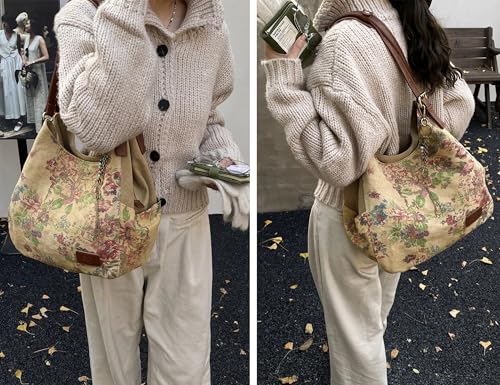 Worldlyda Women Canvas Hobo Purse Multi Pocket Tote Shopper Shoulder Bag Casual Top Handle handbag with Embroidery Ethnic - color: Be06brown Pattern 2