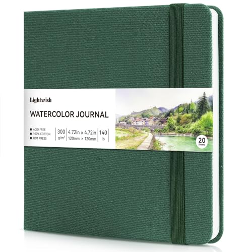 Watercolor Journal - 100% Cotton Hot Press Paper | 20 Sheets 40 Pages | 300GSM (140lb) | Linen Cotton Cover Watercolor Sketch Books for Artists Painting,Mixed Media 4.72 x 4.72 in - color: Green, size: 4.7 x 4.7 in