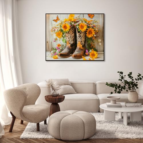 Paint by Numbers Kit for Adults, Cowgirl Boots Sunflower, 16 x 20 Inch | DIY Adult Paint by Number Kit on Canvas for Beginners, without Frame, Western Farmhouse Wall Decor, Stress Relief Craft Gift - color: TRTDNF1P407
