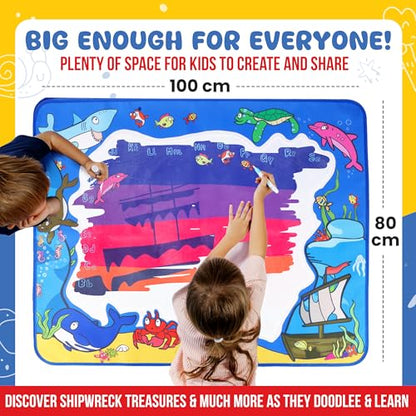 Water Doodle Mat 40 x 32 Inch – Mess Free Toddler Painting Toys, Water Drawing Mat for Kids Ages 3+ with Roller, Stamps, Markers, Water Pens, Foam Shapes, Stencils & Pouch