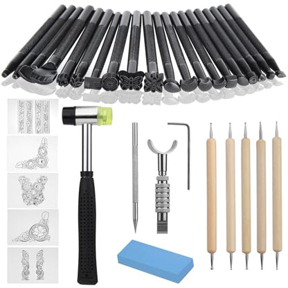 QMNNMA Leather Stamping Tools, Leather Stamps Kit for Leather Working | Leather Carving Tool Kit with Leather Scriber Pen, Leather Working Hammer and Tracing Paper