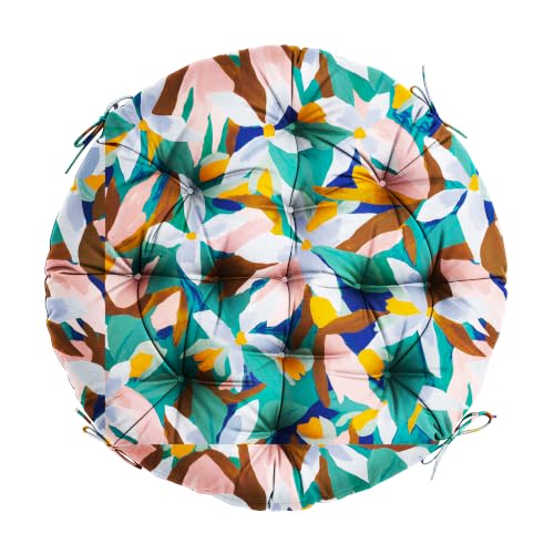 47" Round Tufted Floor Cushion, Thick Meditation Papasan with Ties | Filled with thick foam and ties. Soft padded surface keep long-sitting comfort, widely suited for indoor&outdoor seating. - color: White Pink Flower