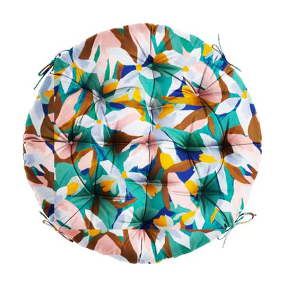 47" Round Tufted Floor Cushion, Thick Meditation Papasan with Ties - color: White Pink Flower