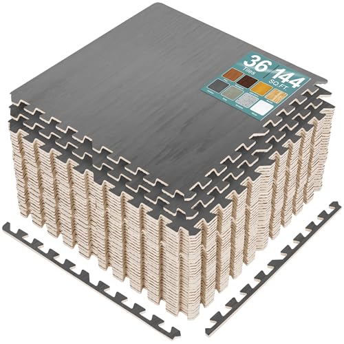 Sorbus Interlocking Wood Grain Foam Floor Tiles (36 Pack, Carbon) | 3/8-inch EVA floor mats create cushioned foam flooring for playrooms, basements, apartments, trade shows and baby spaces. - color: Carbon, size: 36 Pack