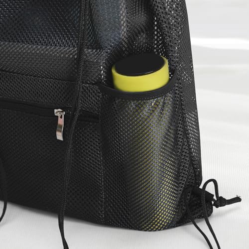 NATURAL STYLE Mesh Drawstring Backpack Bag, Gym Sports Bag with Zipper Pocket Bottle Holder, String Beach Bag for Swiming Travel (Black) - color: Black