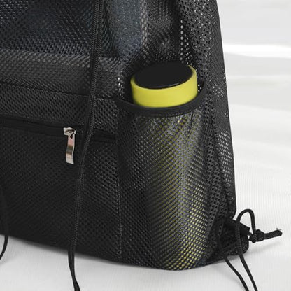 NATURAL STYLE Mesh Drawstring Backpack Bag, Gym Sports Bag with Zipper Pocket Bottle Holder, String Beach Bag for Swiming Travel (Black) - color: Black