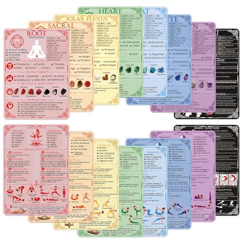 7 Chakra Cards ＆1Hidden Chakra Cheat Sheet Cards with Crystals Quick Reference Guides, Food Therapy,Meditations,Affirmations,Aromatherapy,Yoga Poses,Mudras - 5.2" x 7.2" 2-Sided Waterproof Cards