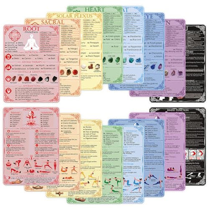 7 Chakra Cards ＆1Hidden Chakra Cheat Sheet Cards with Crystals Quick Reference Guides, Food Therapy,Meditations,Affirmations,Aromatherapy,Yoga Poses,Mudras - 5.2" x 7.2" 2-Sided Waterproof Cards