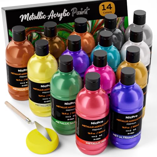 Nicpro 14 Colors Metallic Acrylic Paint Set,16.9oz Large Acrylic Paint Bulk | Pearlescent Non Toxic Non Fading Craft Paint for Wood, Clay, Metal, Canvas, Furniture, Handcraft, Model, Art Supplies - color: 14 Metallic Colors