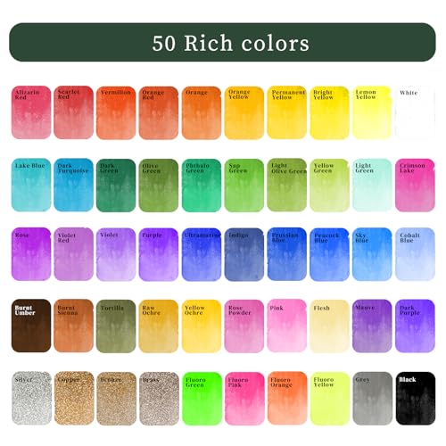 Artecho 50-Color Watercolor Paint Set, Compact Travel Tin Case | 50 Colors: 46 Classic & 4 Fluorescent; 2 Brushes and 10 Watercolor Sheets for Beginners, Gifting and Travel Painting - style: 50 Colors