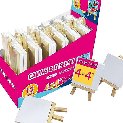 AUREUO Mini Canvas and Easel Set - 4x4 Inch/ 12 Pack - 2/5 Inch Profile Small Square Canvas with Display Stand - Art Gift Set Bulk Pack Canvases for Acrylic Painting & Craft - size: 4"x4" with Easel