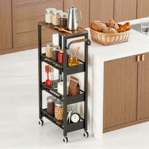 4 Tier Rolling Cart, Metal Utility Slim Storage Carts with Wheels, Small Mobile Shelf Unit Organizer Trolley with Handle and Wood Top, Rolling Cart for Laundry, Bathroom, Kitchen