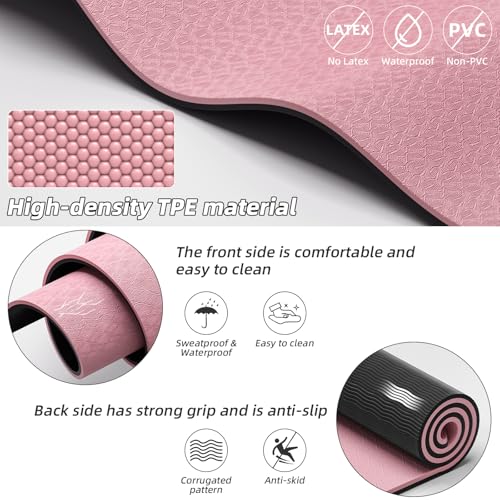 Large Exercise Mat | 10mm Thick TPE Non-slip Gym Mats, Carrying Strap - color: pink/black