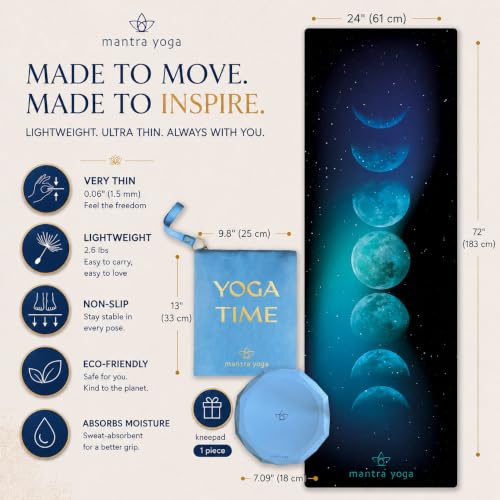 Mantra Yoga Travel PRO 1.5mm with Knee Pad - Foldable Fitness & Exercise Mat with Bag | Lightweight, Compact & Eco-Friendly | Non-Slip & Washable | For All Types of Yoga | 72" L x 24" W | 2.6 lbs - color: Moon