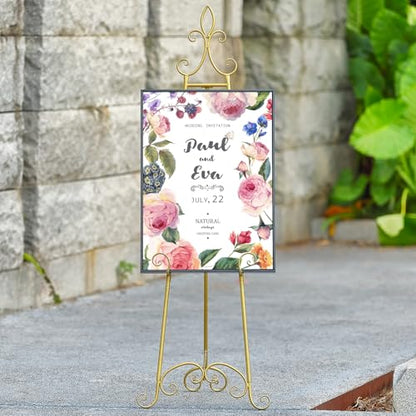 61”H x 20”L x 24”W Metal Extra Large Free Standing Display Stand Easel | Gold Scroll Floor Easel Stand for Sign Wedding Mirror Picture Frame, with Adjustable Chain