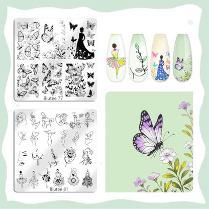 Biutee 15Pcs Nail Stamping Kit Nail Stamp Plate 8 Nail Stamping Gel Polish | 1 Nail Stamper and Scraper with Storage Bag, Nail Stamper Kit Flower Leaves Star Template Design - color: 27 Piece Set