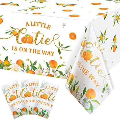 Tegeme Little Cutie Tablecloth Orange Fruit, Plastic Baby Shower,3 Pack | Disposable Table Cover, Little Cutie is on the Way Tablecloth, Baby Shower Birthday Tangerine Decor