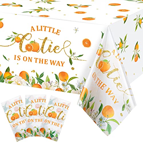 Tegeme Little Cutie Tablecloth Orange Fruit, Plastic Baby Shower,3 Pack | Disposable Table Cover, Little Cutie is on the Way Tablecloth, Baby Shower Birthday Tangerine Decor