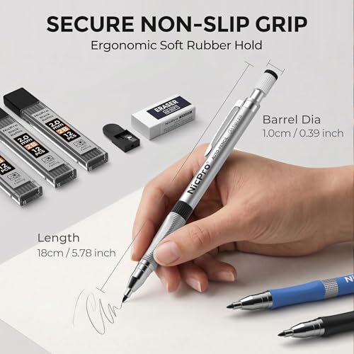 Nicpro 11 Pieces 2mm Mechanical Pencil Set, 3 PCS Carpenter Drafting Pencil 2.0 mm for Art Drawing Writing Sketching Construction with 6 Tube Pre-Sharpen HB & 2B Refill, Eraser, Sharpener - color: Black