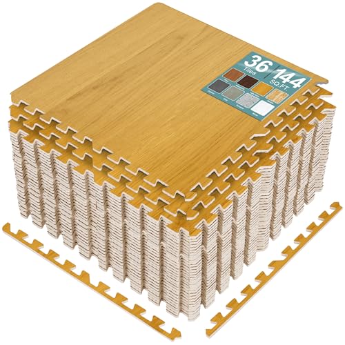 Sorbus Interlocking Wood Grain Foam Floor Tiles (36 Pack, Light Grain) | 3/8-inch EVA floor mats create cushioned foam flooring for playrooms, basements, apartments, trade shows and baby spaces. - color: Light Grain, size: 36 Pack